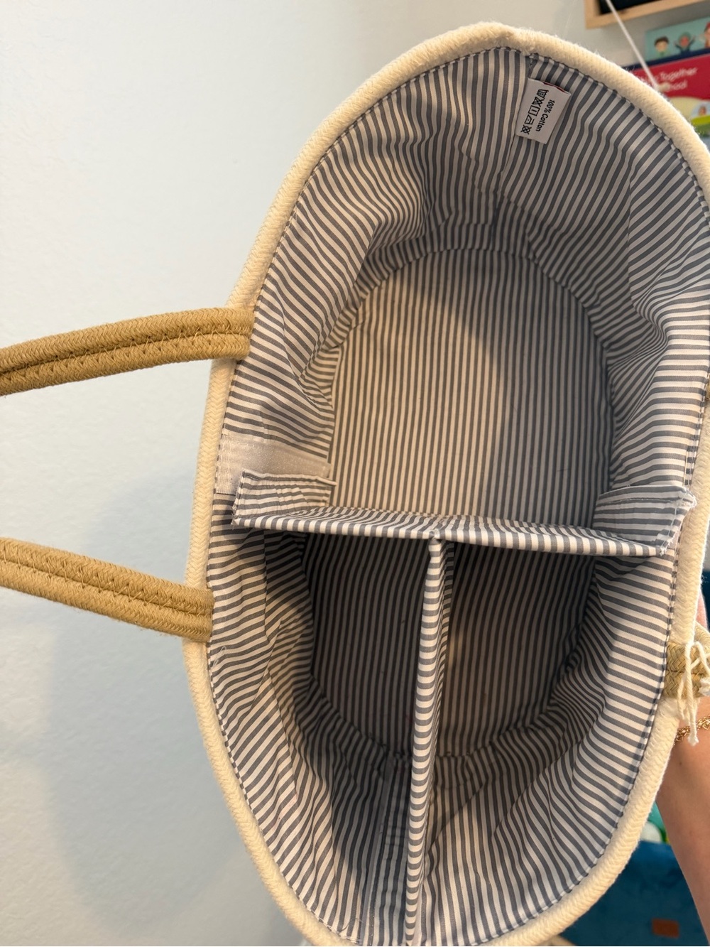 Crotchet soft and canvas lined Striped diaper caddy with Rope Handles - Beige